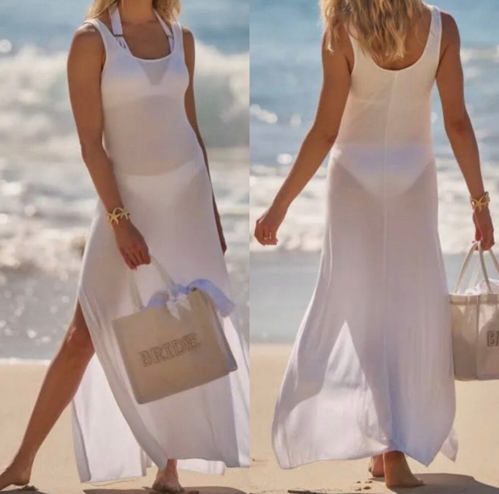 Becca Mykonos Semisheer Ribbed Beach Cover Up Tank Maxi Dress White Size L NWT